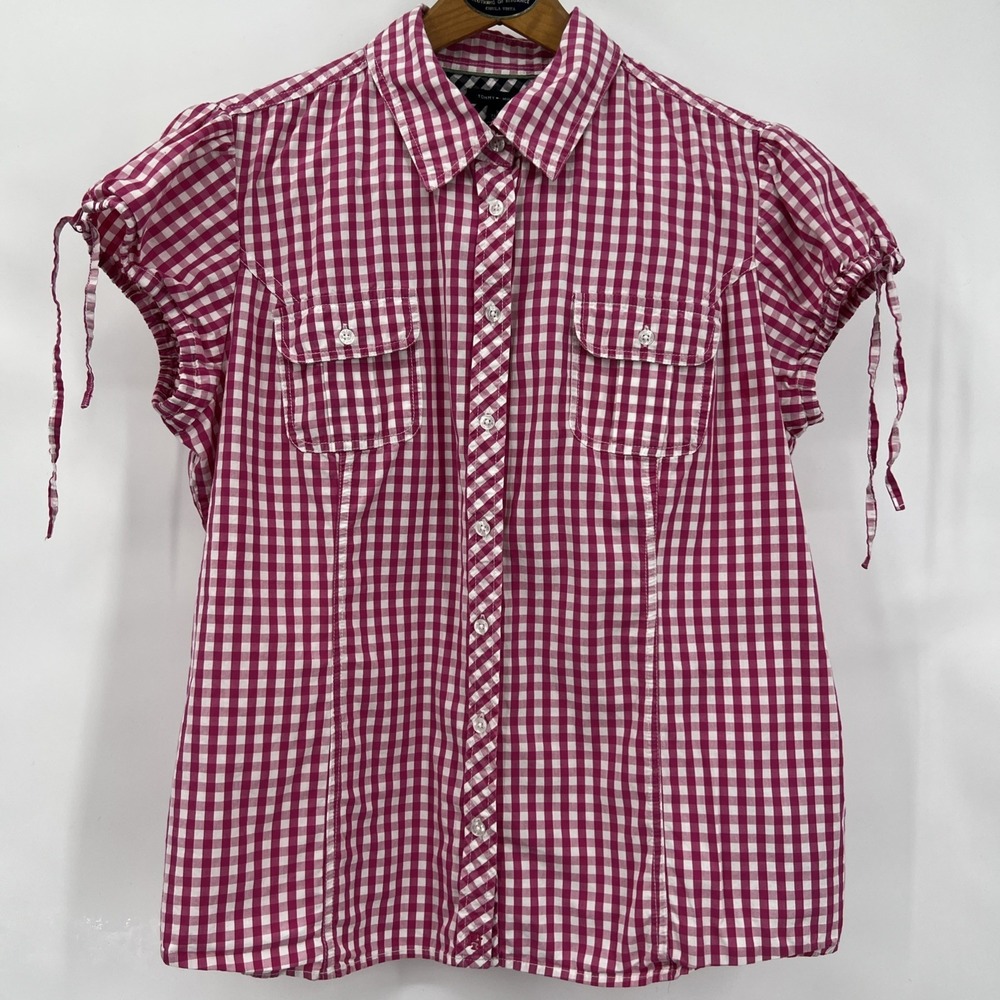 Tommy Hilfiger Cap Short Sleeve Pink‎ Gingham Plaid Fitted Ladies Shirt XL